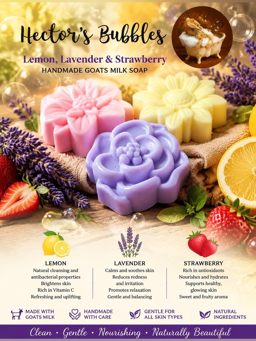 Lemon, Lavender and Strawberry Goats Milk Soap, Handcrafted